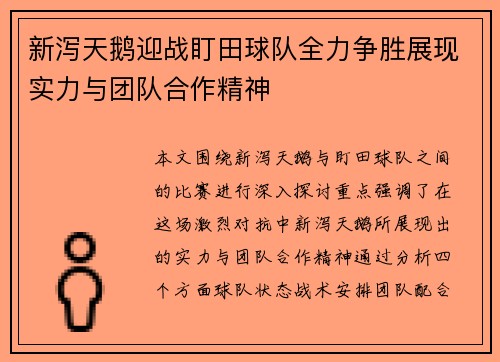 新泻天鹅迎战盯田球队全力争胜展现实力与团队合作精神
