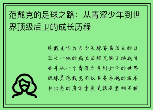 范戴克的足球之路：从青涩少年到世界顶级后卫的成长历程